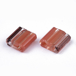 Dark Red 2-Hole Glass Seed Beads, Striped Seed Beads, Transparent Colours, Two Tone, Rectangle, Dark Red, 5x4.5~5.5x2~2.5mm, Hole: 0.5~0.8mm