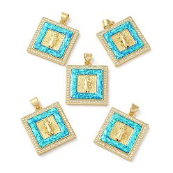 Real 18K Gold Plated Rack Plating Brass Micro Pave Cubic Zirconia with Synthetic Opal Pendants, with Jump Ring, Lead Free & Cadmium Free, Long-Lasting Plated, Square with Saint, Real 18K Gold Plated, 24x21.5x4mm, Hole: 5x3.4mm