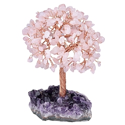 Rose Quartz Natural Rose Quartz Chips Tree of Life Decorations, Rough Raw Amethyst Base with Copper Wire Feng Shui Energy Stone Gift for Women Men Meditation, 89~101x114~152mm
