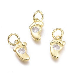 Clear Brass Micro Pave Cubic Zirconia Pendants, with Jump Ring, Baby Foot, Real 18K Gold Plated, Clear, 10.5x6x2.2mm, Ring: 5x0.8mm, Hole: 3mm