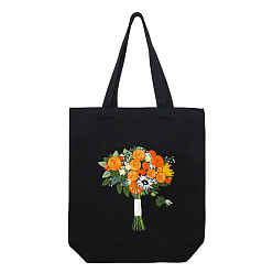 Gold DIY Bouquet Pattern Black Canvas Tote Bag Embroidery Kit, including Embroidery Needles & Thread, Cotton Fabric, Plastic Embroidery Hoop, Gold, 390x340mm