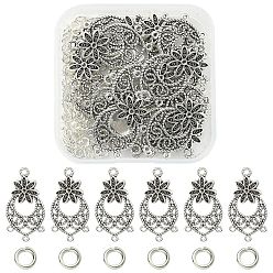 Antique Silver 20Pcs Tibetan Style Alloy Chandelier Component Links, Teardrop with Flower, with 100Pcs Jump Rings, Antique Silver, Link: 29x15x2mm, Hole: 0.9 & 1.6mm