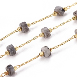 Labradorite Handmade Natural Labradorite Beaded Chains, with Brass Chains, with Spool, Long-Lasting Plated, Soldered, Golden, 5.5~6mm, Llink: 5.5~6x4~4.5mm and 2x1x0.2mm, about 32.8 Feet(10m)/roll