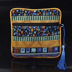 Blue Square Chinese Style Cloth Tassel Bags, with Zipper, for Bracelet, Necklace, Blue, 11.5x11.5cm
