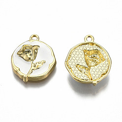 White Rack Plating Alloy Enamel Pendants, Cadmium Free & Lead Free, Light Gold, Flat Round with Rose, White, 21.5x18.5x5.5mm, Hole: 1.6mm