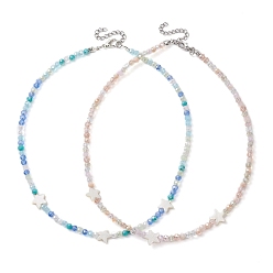 Mixed Color 2Pcs 2 Color Glass & Natural Shell Star Beaded Necklaces Set, with Zinc Alloy Clasps, Mixed Color, 15.16 inch(38.5cm), 1Pc/color