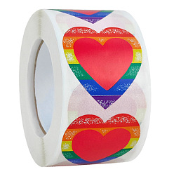 Heart Rainbow Color Paper Roll Sticker Labels, Decorative Sealing Decals, for Valentine's Day Gifts, Wedding, Party, Heart Pattern, 38mm, 500pcs/roll