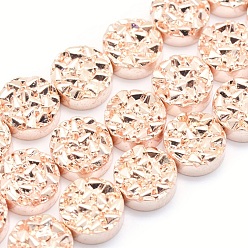 Rose Gold Plated Electroplate Non-magnetic Synthetic Hematite Beads Strands, Grade AA, Long-Lasting Plated, Textured Flat Round, Rose Gold Plated, 10x4mm, Hole: 1mm, about 42pcs/strand, 15.7 inch(40cm)