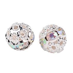 Blue Zircon AB Brass Rhinestone Beads, Grade A, Silver Color Plated, Round, Crystal AB, 8mm, Hole: 1mm, 20pcs/box