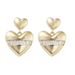 Golden Heart Brass Dangle Stud Earrings with Cubic Zirconia, Long-Lasting Plated, Golden, 20.5x15.5mm