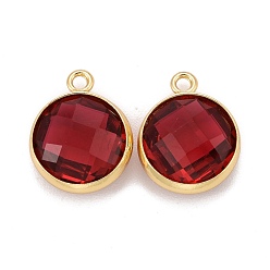Dark Red Glass Charms, with Real 18K Gold Plated Plated Brass Findings, Long-Lasting Plated, Lead Free & Nickel Free & Cadmium Free, Faceted Flat Round, Dark Red, 13.5x11x5mm, Hole: 1.4mm