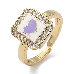 Лиловый Латунные микро проложить манжеты кольца кубического циркония, с эмалью, прямоугольник и сердце, долговечный, стойки покрытие, без свинца и без кадмия, реальный 18 k позолоченный, сирень, 12x11 мм