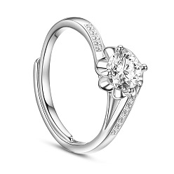 Platinum SHEGRACE Sparkling Micro Pave Zirconia Rhodium Plated 925 Sterling Silver Finger Ring, Flower with White AAA Cubic Zirconia, Platinum, 17mm