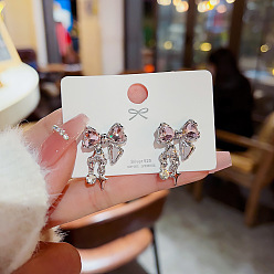 CS015 Silver Needle 925 Silver Bow Stud Earrings with Zircon - Unique Design, Fashionable and Elegant.