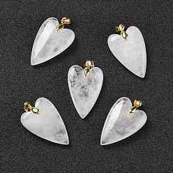 Хрусталь Природного кварца хрустальных подвесок, подвески из горного хрусталя, с реечным покрытием позолоченные латунные выводы, долговечный, сердце, 32~34x20x8 мм, отверстие : 4x4 мм