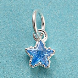 Cornflower Blue 925 Sterling Silver Charms, with Cubic Zirconia, Faceted Star, Silver, Cornflower Blue, 7x5x2.5mm, Hole: 3mm