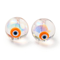 Orange Transparent Glass Beads, with Enamel, Round with Evil Eye Pattern, Orange, 10~10.5x9mm, Hole: 1.6mm