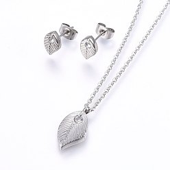 Stainless Steel Color 304 Stainless Steel Jewelry Sets, Stud Earrings and Pendant Necklaces, with Rhinestone, Leaf, Stainless Steel Color, Necklace: 17.7 inch(45cm), Stud Earrings: 10x6x3mm, Pin: 0.8mm