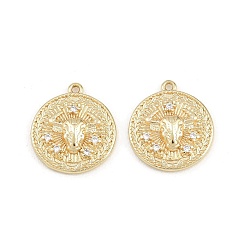 Taurus Brass Micro Pave Clear Cubic Zirconia Pendants, Flat Round with Constellation Charms, Rack Plating, Long-Lasting Plated, Cadmium Free & Lead Free, Golden, Taurus, 16x14x2~3mm, Hole: 1mm