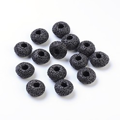 Noir Perles européennes de pierres précieuses de pierre de lave, Perles avec un grand trou   , pas de noyau métallique, rondelle, noir, 15~16.5x9~10mm, Trou: 5mm
