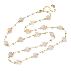 Cherry Blossom Agate Natural Cherry Blossom Agate Faceted Flat Round Beaded Chain Necklaces with Matte Brass Beads, 304 Stainless Steel Jewelry for Women, Golden, Long-Lasting Plated, 25.16 inch(63.9cm)