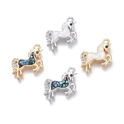 Mixed Shell Natural Shell Charms, with Cubic Zirconia and Brass Findings, Unicorn, 13x14.5x2mm, Hole: 1.2mm