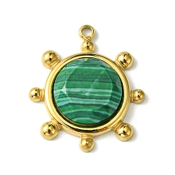 Malachite Ion Plating(IP) 304 Stainless Steel Pave Faceted Synthetic Malachite Pendants, Granulated Flat Round Charms, Real 14K Gold Plated, 19.5x17x4.5~6mm, Hole: 1.5mm