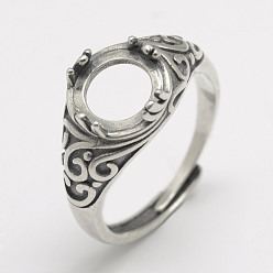 Antique Silver Adjustable Thailand 925 Sterling Silver Finger Ring Components, Flat Round , Antique Silver, Tray: 9mm, 18mm