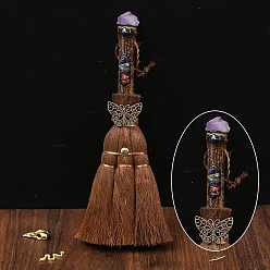 Amethyst Wood Witch Broom with Synthetic Amethyst Pendant Decorations, for Interior Car Mirror Hanging Decorations, 240~290mm