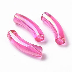 Camellia UV Plating Transparent Rainbow Iridescent Acrylic Beads, Curved Tube, Camellia, 32~33x10x8mm, Hole: 1.6mm