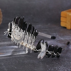 Black Moon Dragonfly Metal Hair Bands, Natural Quartz Wrapped Hair Hoop for Bridal Crown Hair Accessories, Black, 150x120x60mm