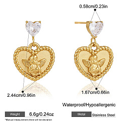 Golden 304 Stainless Steel Pave Clear Cubic Zirconia Stud Dangle Earrings, Heart with Angel, Golden, 24.4mm