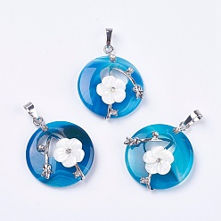 Natural Agate Natural Agate Pendants, with Shell, Rhinestone and Platinum Tone Brass Findings, Flat Round with Flower, 35.5~36x28x8mm, Hole: 5x8mm