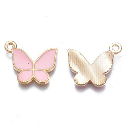 Pink Alloy Enamel Pendants, Cadmium Free & Lead Free, Butterfly, Light Gold, Pink, 15x17x2mm, Hole: 1.6mm