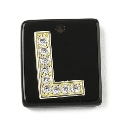 Letter L Природные подвески обсидиана, прямоугольные подвески с латунной микропаве прозрачной кубической циркониевой буквой, реальный 18 k позолоченный, долговечный, стойки покрытие, Письмо L, 21x18x5 мм, отверстие : 1.4 мм
