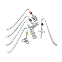 Mixed Color 5Pcs 5 Style Cross Ruler Scroll Alloy Pendant Bookmark, Gemstone Bead Bookmarks, Hook Bookmark, Mixed Color, 84x13x1.5mm, 1pc/style