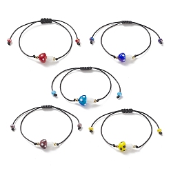Mixed Color 5Pcs 5 Color Lampwork Mushroom Braided Bead Bracelets, Adjustable Stackable Bracelets for Women, Mixed Color, Inner Diameter: 2-1/2 inch(6.5cm), 1Pc/color