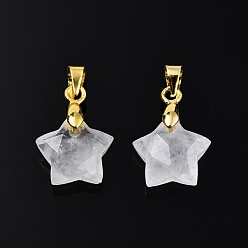 Quartz Crystal Natural Quartz Crystal Charms, Rock Crystal Charms, with Golden Plated Brass Pinch Bail, Star, Star: 12x12.5x5.5mm, Hole: 3.5x4mm
