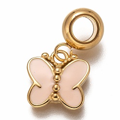 Golden 304 Stainless Steel European Dangle Charms, Large Hole Pendants, with Pink Enamel, Butterfly, Golden, 21mm, Hole: 4.5mm, Pendant: 12x12x3mm