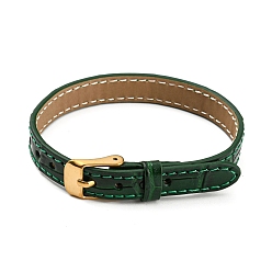 Dark Green Leather Textured Watch Bands, with Ion Plating(IP) Golden 304 Stainless Steel Buckles, Adjustable Bracelet Watch Bands, Dark Green, 23.2x1~1.25x0.5cm