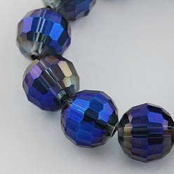 Dark Blue Electroplate Glass Bead Strands, Rainbow Color Plated, Faceted(96 Facets), Round, Dark Blue, 8mm, Hole: 1mm, about 72pcs/strand, 21.8 inch