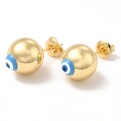 Deep Sky Blue Enamel Evil Eye Stud Earrings, Real 18K Gold Plated Brass Ball Post Earrings for Women, Deep Sky Blue, 12mm, Pin: 0.7mm