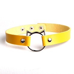 Yellow Cute Cat Head PU Leather Collar for Punk Fashion Street Style with Lock and Clavicle Chain Jewelry