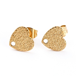Golden Ion Plating(IP) 304 Stainless Steel Stud Earring Findings, with Ear Nuts/Earring Backs and Hole, Heart Shape with Textured, Golden, 8.4x9x1mm, Pin: 0.8mm