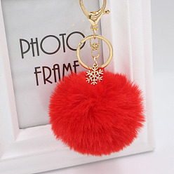 red Christmas Snowflake Plush Keychain with Alloy Snowflake and Pom-pom Pendant