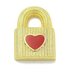 Красный Подвески из латуни с эмалью в стойку, долговечный, без свинца и без кадмия, замок с сердечками, реальный 18 k позолоченный, красные, 17x12x4 мм, отверстие : 4.5x4.5 мм