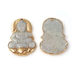 Jadeite Electroplated Natural Jadeite Pendants, with Brass Findings, Buddha, 48x35.2x7.8mm, Hole: 1mm
