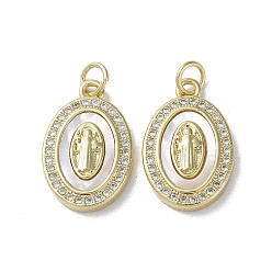 Oval Brass Micro Pave Cubic Zirconia Pendants, with Shell, Virgin Mary Pattern, Real 18K Gold Plated, Oval, 19.5x12.5x3mm, Hole: 3mm