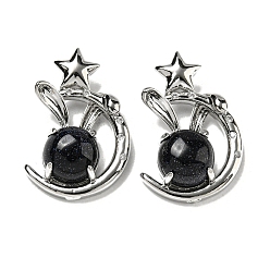 Синий Драгоценный Камень Синтетический синий авантюрин подвески, Подвески в виде кролика со стойкой из латуни, луны и звезды, платина, без кадмия и без свинца, 27.5x18x9 мм, отверстие : 6x2.5 мм