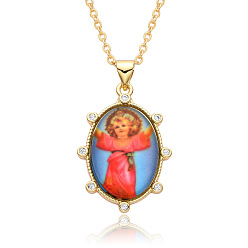 Orange Red Religion Theme Resin Oval with Rhinestone Pendant Necklace, Golden Brass Necklace, Orange Red, 19.69 inch(50cm)